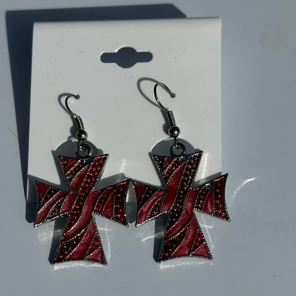 Cross Large Dangle Red Enamel Pierced Earrings - Picture 3 of 3
